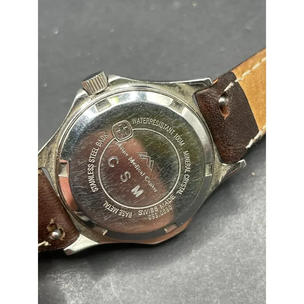 VTG Wenger Swiss Quartz Watch Women 100m Silver Stainless Steel Date Brown Band
